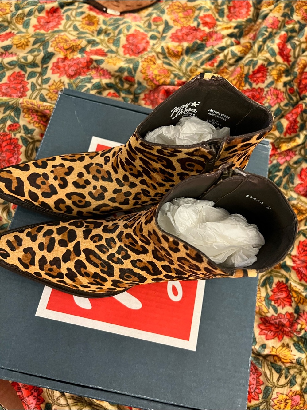 Tony Lama Calf-Hair Leopard Print Snip Toe Ankle Boots - Tan, Brown, Black - Picture 2 of 11